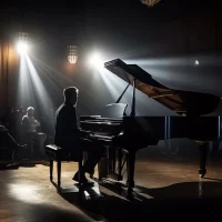 Pianist playing a grand piano on a dimly lit stage with bright beams of light streaming across the scene